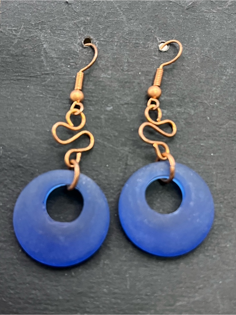 Handmade Copper Cobalt Blue Sea Glass Hoop Dangle Earrings Wire Wrapped Artisan